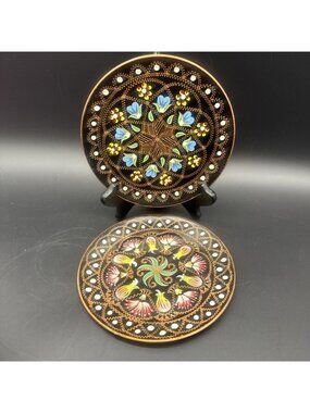 VTG Etched Copper Handpainted Floral Flower Boho Wall Gallery Decor Plate Set